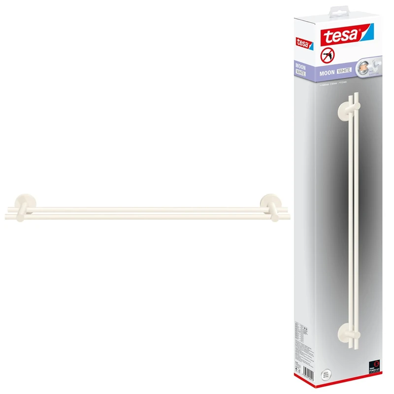tesa MOON WHITE Towel Rail - No Drill Towel Holder - matt white - Waterproof - Includes Removable Glue Solution - 112 mm x 640 mm x 50 mm