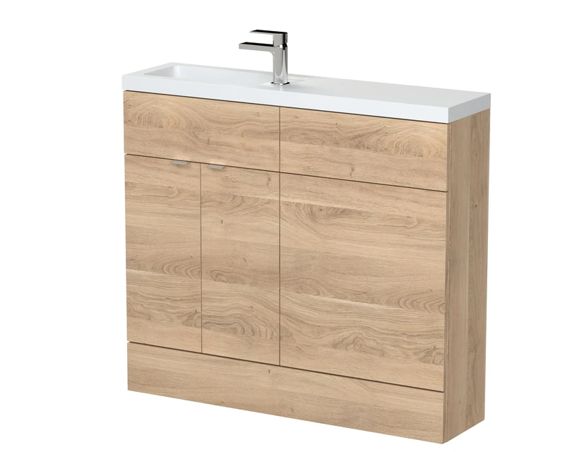 Hudson Reed CBI3042 Fusion Modern Bathroom Floor Standing 2 Soft Close Door Compact Vanity Basin Unit and WC Unit Combination, 1000mm, Bleached Oak