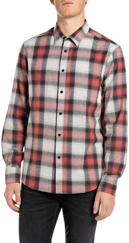 Replay Men's M4106 Shirt, 010 Natural White/red/Black, XL