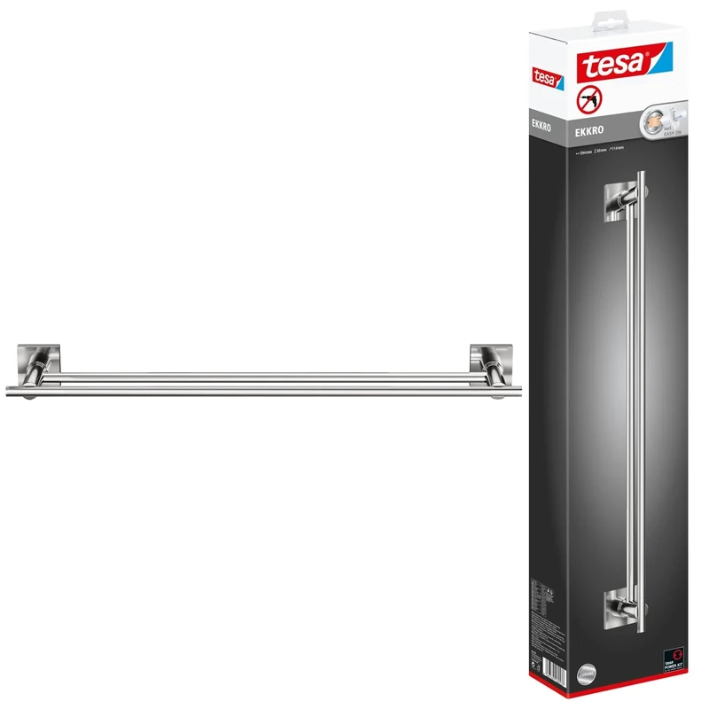 tesa EKKRO Towel Rail - No Drill Towel Holder in Chromed Metal - Stainless - Waterproof - Includes Removable Glue Solution - 112 mm x 640 mm x 50 mm