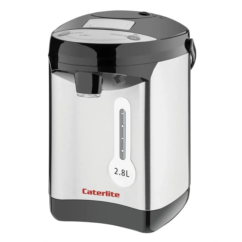 Caterlite 750W Electric Airpot 2.8 Litre, Silver & Black, 30-35 min Heat Up Time, Automatic Boil Reboil & Warm Functions, Manual Pump Safety Lock/Unlock Button, Buffet & Breakfast Bar, HE152