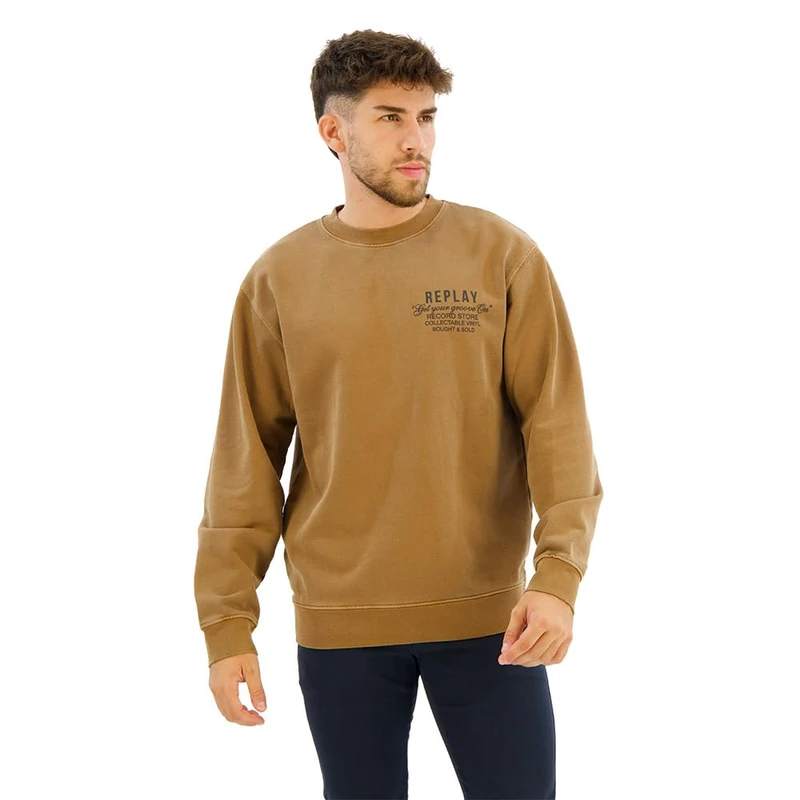 Replay Men's Relaxed Fit Sweatshirt with Crew Neck, 989 Safari, XXXL