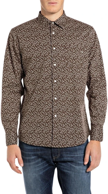 Replay Men's M4049a Shirt, 020 Brown/Natural White, L