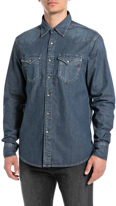 Replay Men's Regular Fit Denim Shirt, 007 Dark Blue, S
