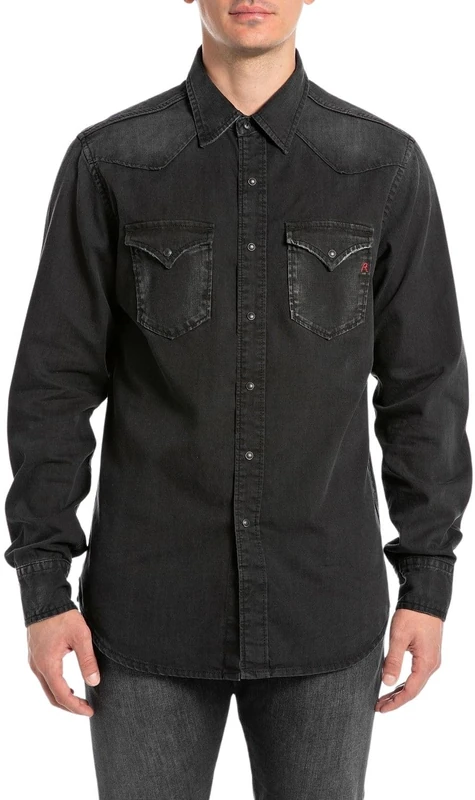 Replay Men's Regular Fit Denim Shirt - 099 Black Delave - S