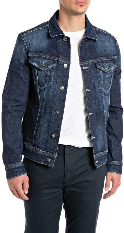 Replay Men's Denim Jacket with Chest Pockets, 007 Dark Blue, L