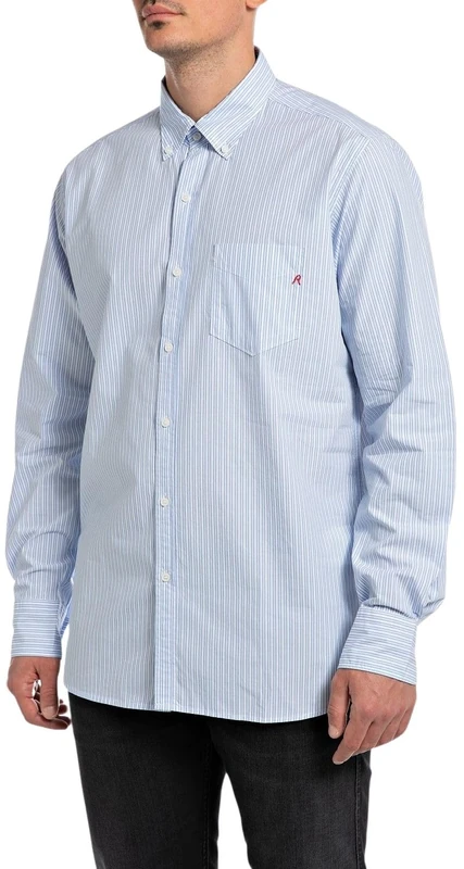 Replay Men's M4126 Regular Fit Striped Cotton Shirt - White/Blue