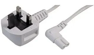rhinocables Figure 8 Mains Right Angle End TV Power cable, UK Plug to IEC C7 Fig8 2Pin 90 Degree Lead Power Supply Cord compatible with Xbox, PS5, Printer, Laptop (White, 1m)