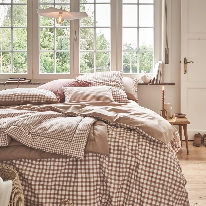 Printed Cotton Percale Duvet Cover, Gingham, Made in France, 240 x 220 cm, Essix - Image 1