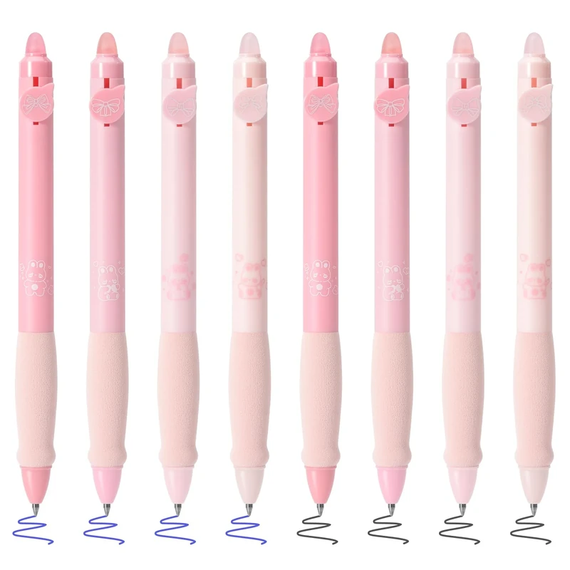 BAYTORY 8Pcs Cute Retractable Erasable Gel Pens, Blue and Black Ink Pen with Eraser Clear, Smooth Writing Comfortable to Use for Note Taking Marking Planner Crossword Puzzles (Pink)