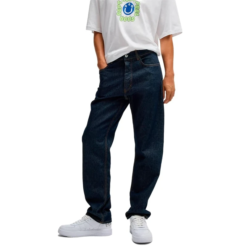 HUGO Mens Jonah Dark-Blue Regular-fit Jeans in raw Denim