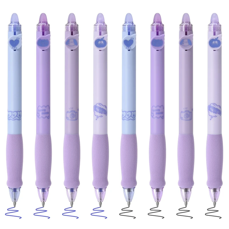 BAYTORY 8Pcs Cute Retractable Erasable Gel Pens, Blue and Black Ink Pen with Eraser Clear, Smooth Writing Comfortable to Use for Note Taking Marking Planner Crossword Puzzles (Purple)