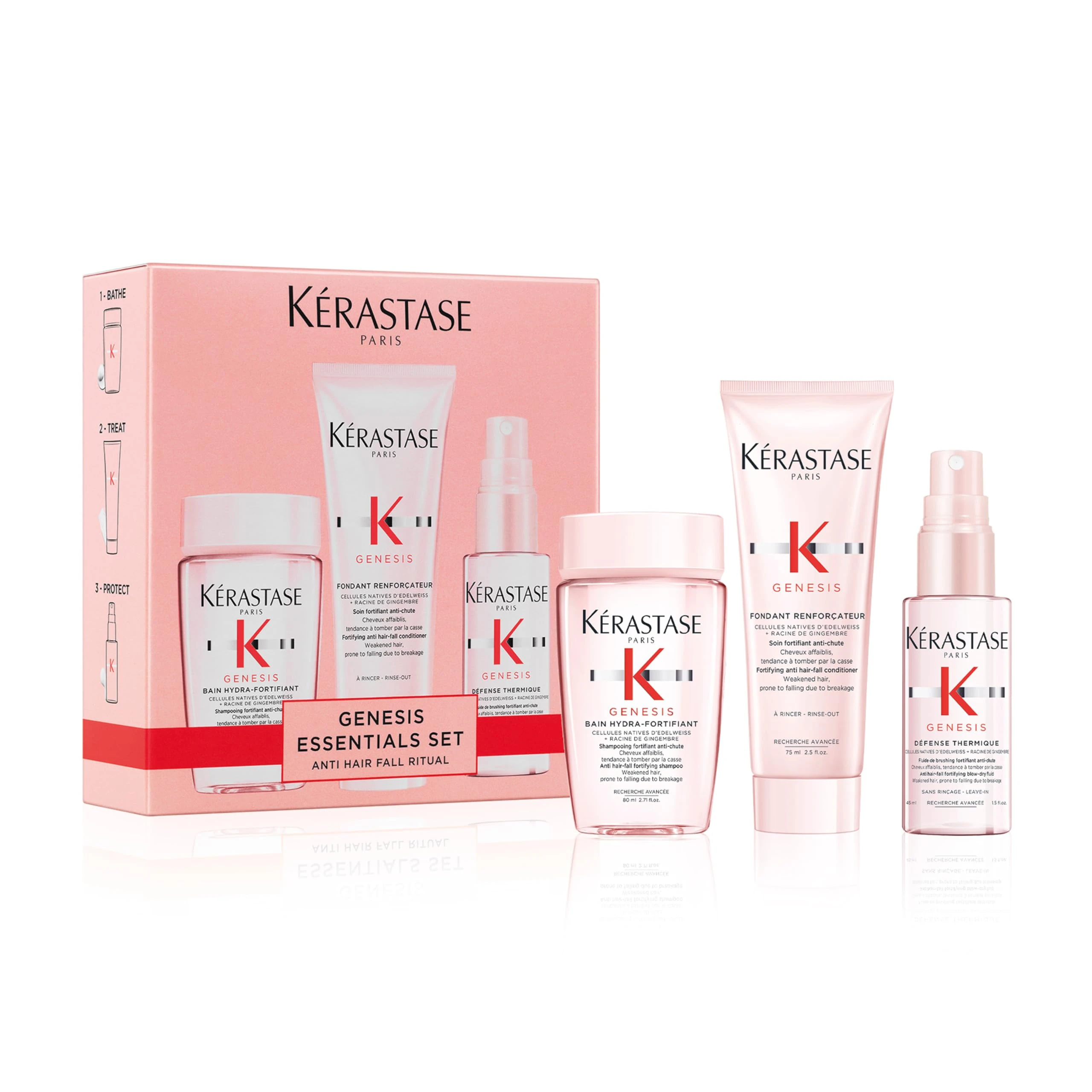 Kérastase Genesis Travel-Size Discovery Gift Set, With Shampoo, Conditioner and Blow-Dry Spray, Nourishing and Fortifying Routine, For Weakened Hair, Infused with Ginger Root and Edelweiss Flower