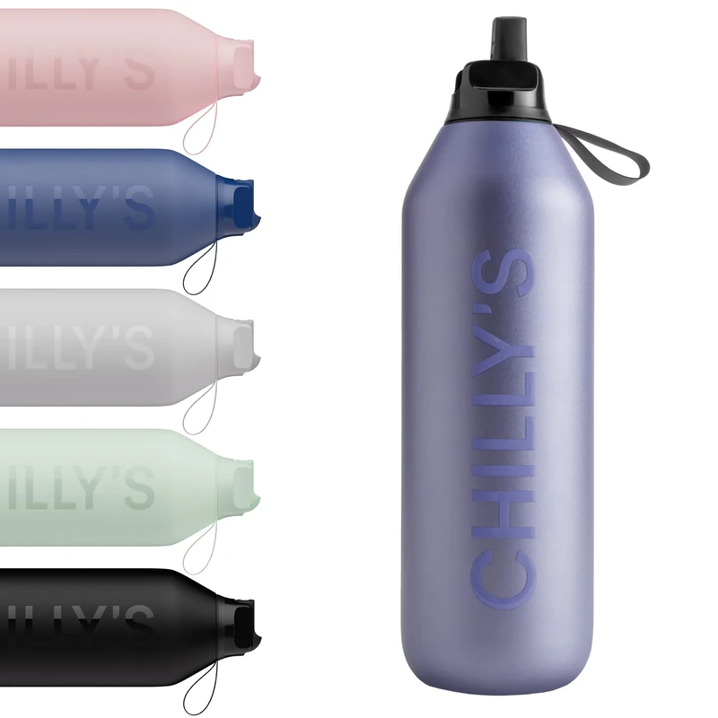 Chilly's Series 2 Flip Water Bottle with Sports Lid - Vacuum Insulated Stainless Steel Water Bottle with Straw, Carry Loop, & Cleaning Brush - No Sweat - 1000ml - Lavender