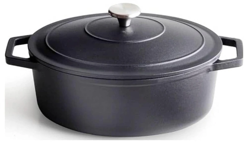 Qulinart - Cast steel casserole dish oval shape 30 cm - Slow and even heat distribution - Optimal cooking - Condensing lid - Matte black