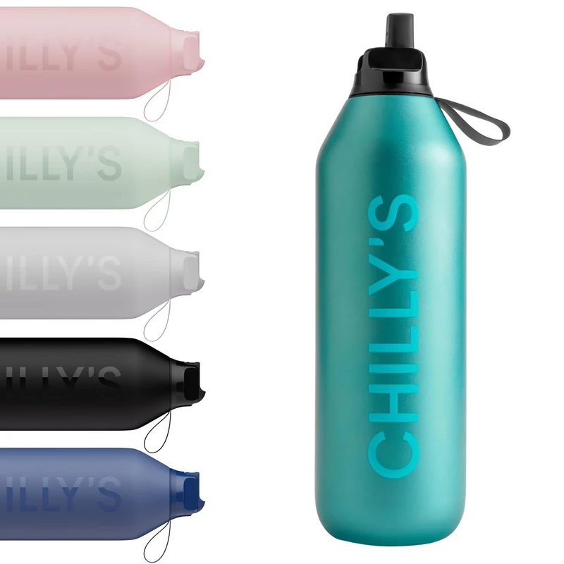 Chilly's Series 2 Flip Water Bottle with Sports Lid - Vacuum Insulated Stainless Steel Water Bottle with Straw, Carry Loop, & Cleaning Brush - No Sweat - 1000ml - Atlantis