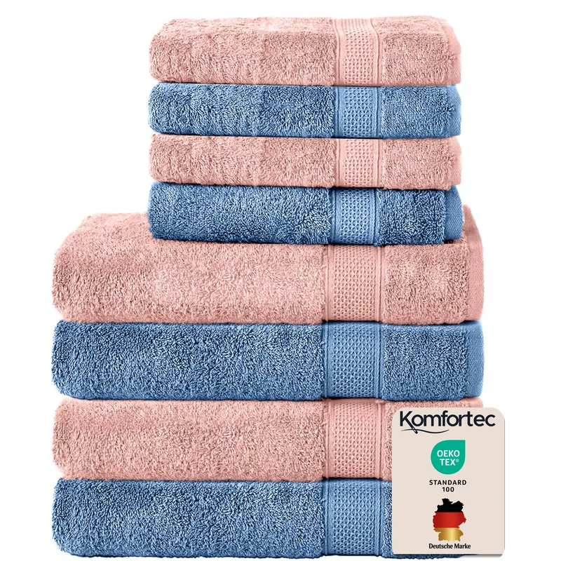 Komfortec Set of 8 Hand Towels 100% Cotton, 4 Bath Towels 70 x 140 cm and 4 Hand Towels 50 x 100 cm, Terry Towelling, Soft, Towel, Large, Pink/Light Blue
