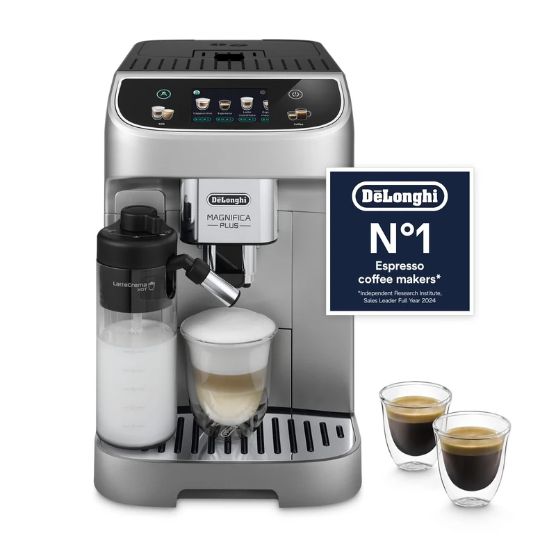 De'Longhi ECAM322.70.SB Magnifica Plus Automatic Coffee Machine with LatteCrema Hot, Bean to Cup Espresso Machine with 18 One-Touch Recipes, Full-Touch Control Panel, 1450W, Silver/Black