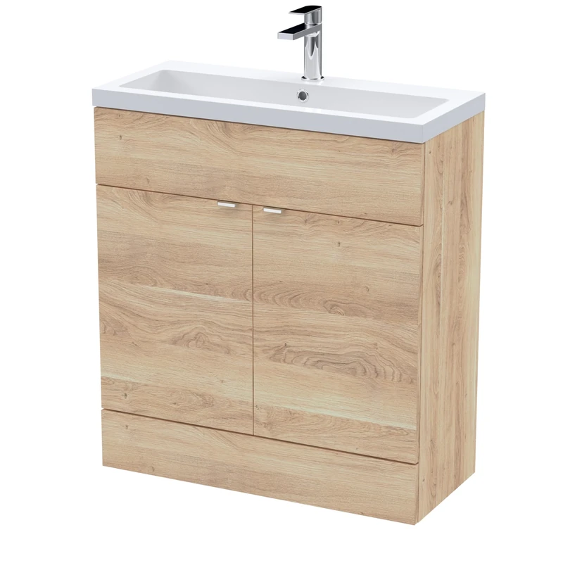Hudson Reed CBI3028 Fusion Modern Bathroom Floor Standing 2 Soft Close Door Vanity and Polymarble Basin Unit, 800mm, Bleached Oak