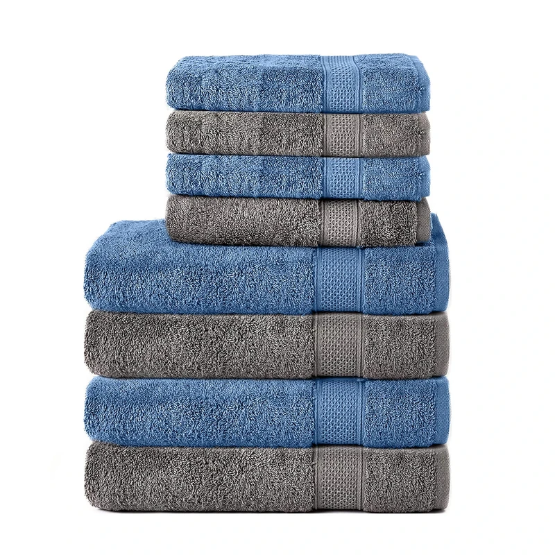 Komfortec Set of 8 Hand Towels 100% Cotton, 4 Bath Towels 70 x 140 cm and 4 Hand Towels 50 x 100 cm, Terry Cloth, Soft, Towel, Large, Anthracite/Light Blue