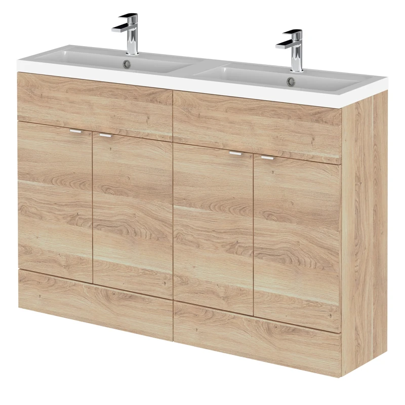 Hudson Reed CBI3034 Fusion Modern Bathroom Floor Standing 4 Soft Close Door Vanity and Double Polymarble Basin Unit, 1200mm, Bleached Oak