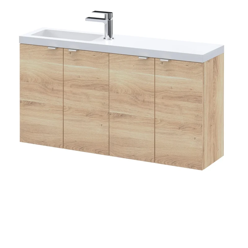 Hudson Reed CBI3043 Fusion Modern Bathroom Wall Hung 4 Soft Close Door Compact Vanity Basin Unit and Polymarble Basin, 1000mm, Bleached Oak
