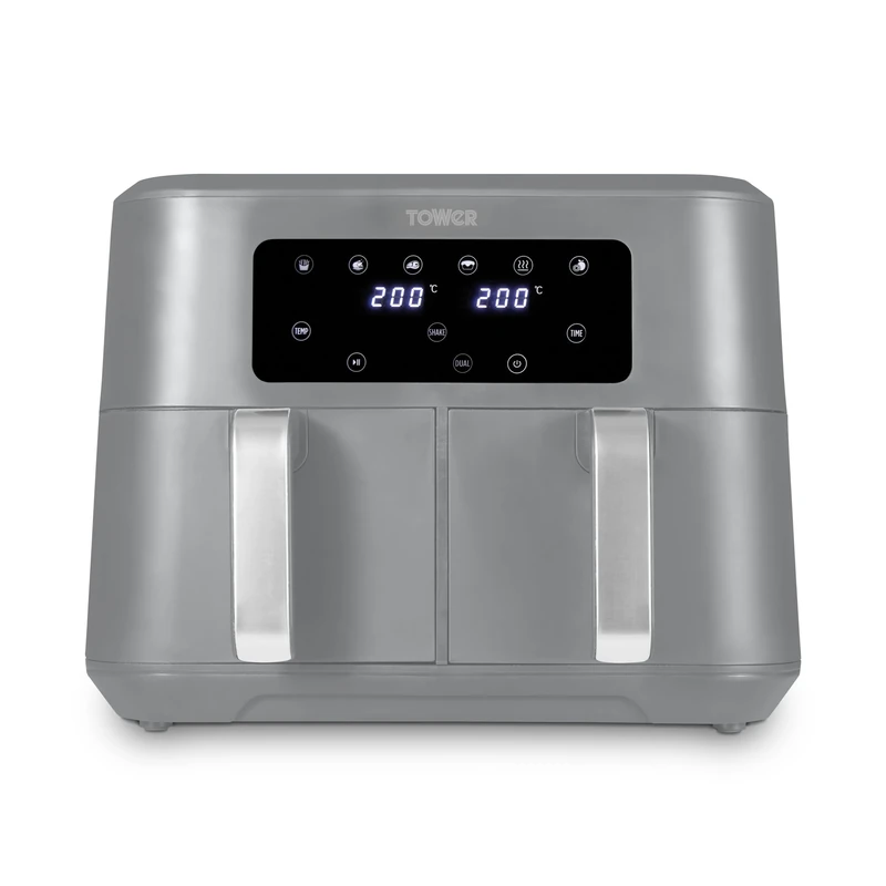 Tower T17137CGRY Vortx 8.5L Dual Basket Air Fryer with Dual Cook Function, 2400W, Grey & Chrome