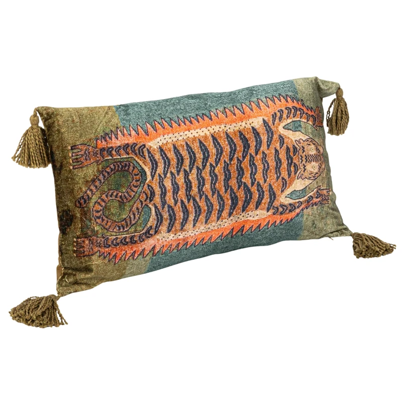 Creative Co-op Cotton Velvet Tiger Lumbar Pillow with Tassels, Multicolor