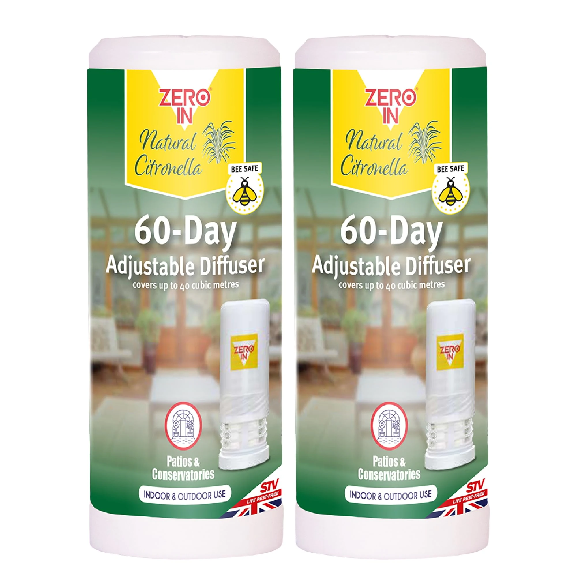 Zero In 60-Day Citronella Diffuser – Portable Bug Repellent for Indoor & Outdoor Use with Adjustable Intensity - Pet-Safe, Fast-Acting Protection for Home, Garden, Patios & Travel - Multi Packs X2