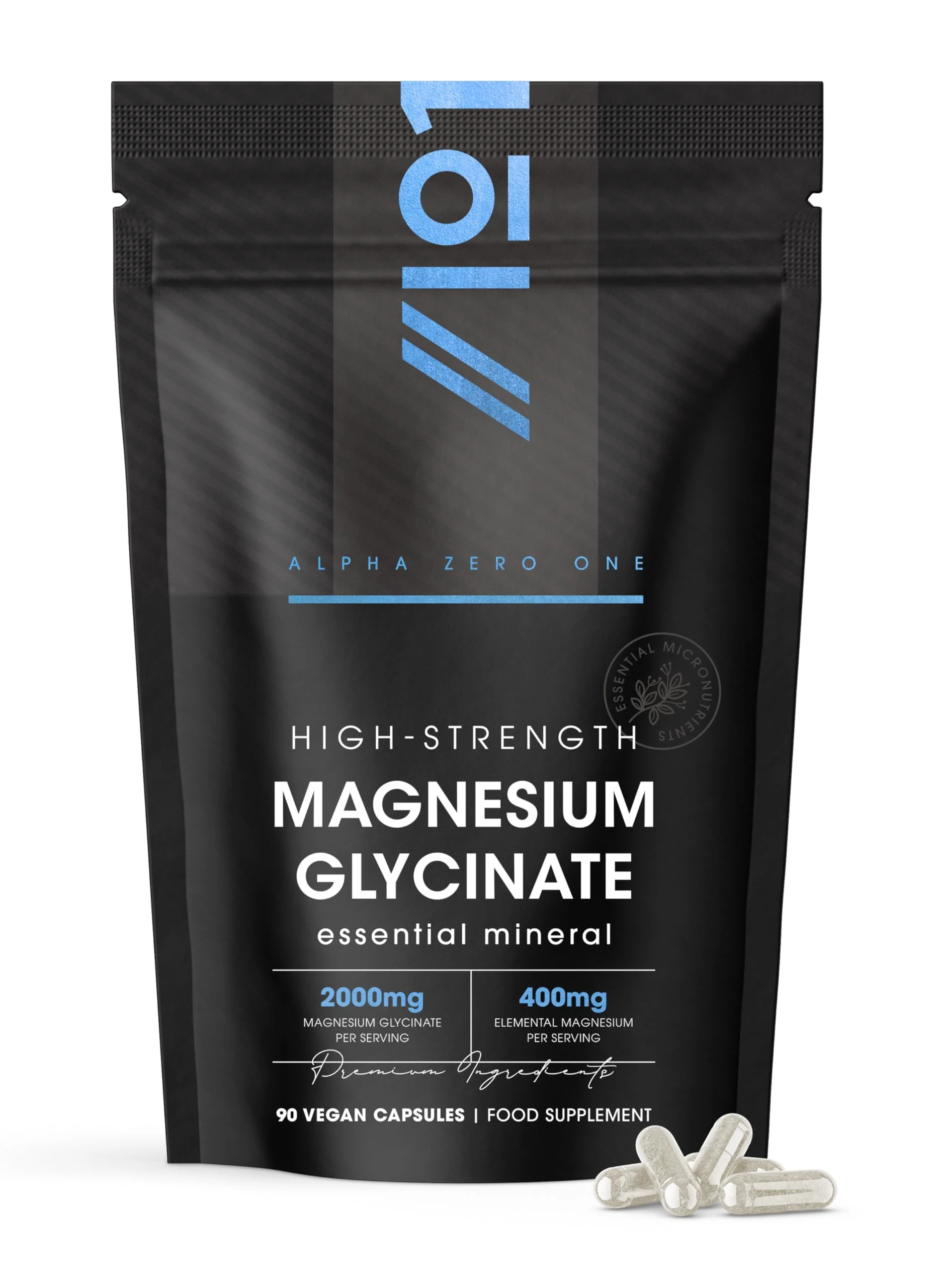 Magnesium Glycinate 2000mg – 400mg Elemental Chelated Magnesium – 90 Vegan Capsules – Supports The Nervous System - Reduces Tiredness and Fatigue – by Alpha01