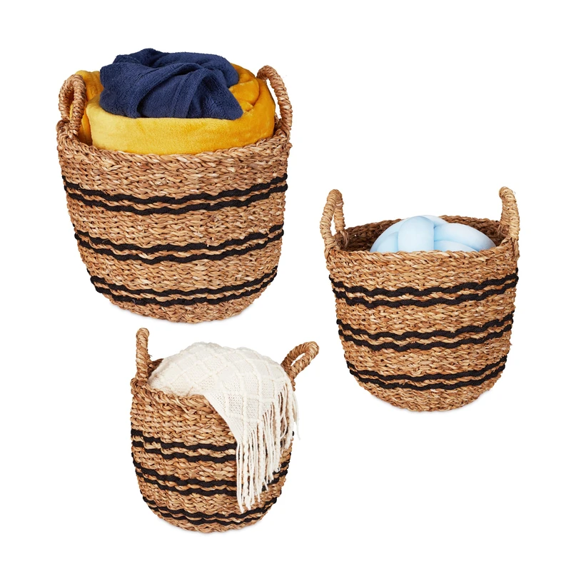 Relaxdays Basket, Set of 3, in 3 Sizes, Bathroom & Nursery Storage Boxes, with Handles, Seagrass, Natural/Black, Plant fibre, 35 x 35 x 35 cm