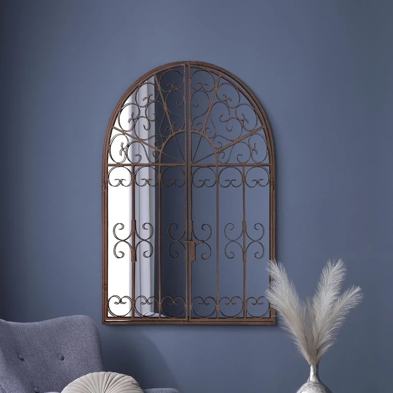 The Kirkby - Dark Metal Rustic Framed Decorative Arched Wall Mirror with Opening Doors 53" X 35" (135CM X 89CM max). Closed doors 35" X 28" (89cm X 70cm), Bronze