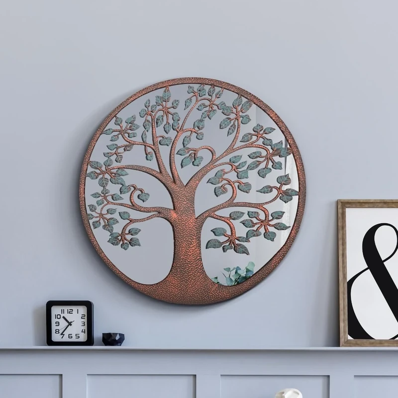 The Kirkby - Rustic Metal Round Shaped Window Decorative Wall Mirror 32" X 32" (80CM X 80CM) With Colour Tree of Life Décor