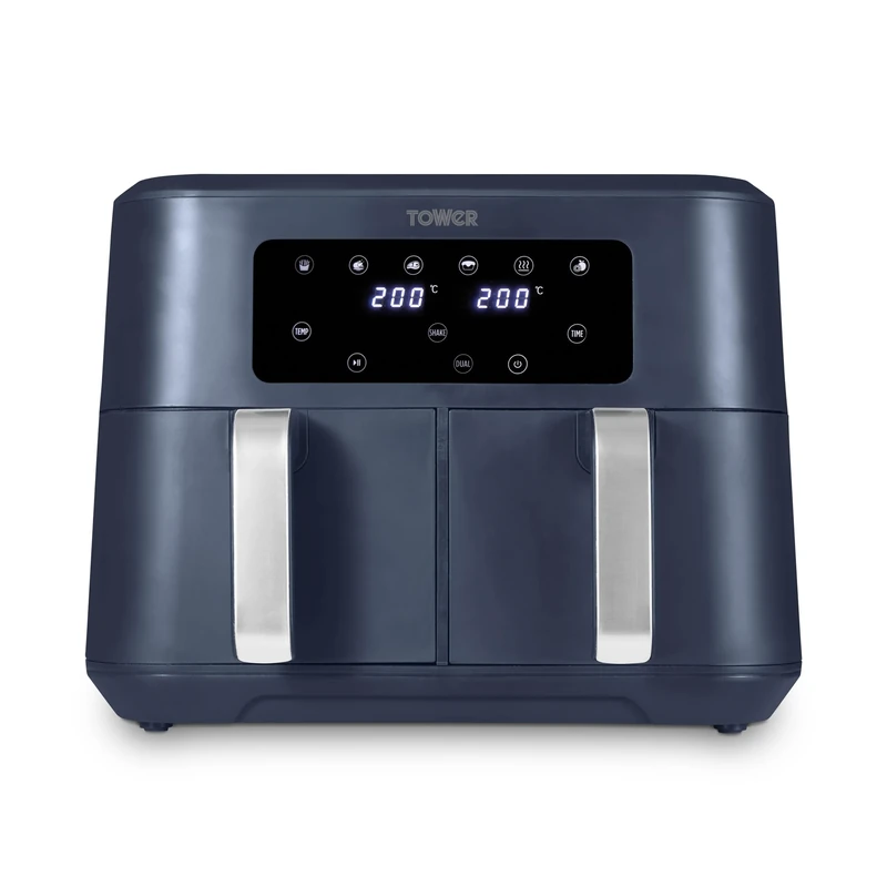 Tower T17137CMNB Vortx 8.5L Dual Basket Air Fryer with Dual Cook Function, 2400W, Midnight Blue & Chrome