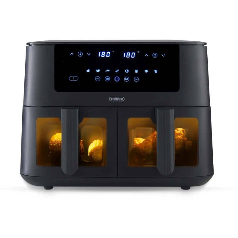 Tower T17151 Vortx Dual Basket Air Fryer with Vizion Viewing Windows, 9 Preset Functions, 8L, 3040W, Black