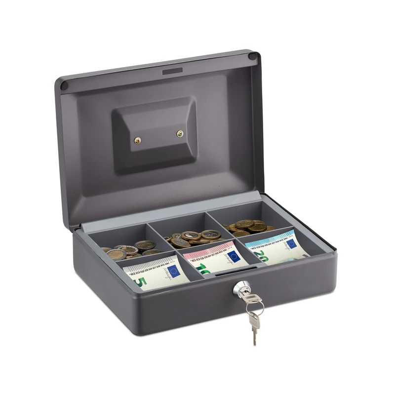Relaxdays Cash Box Lockable, 6 Notes and Coins Compartments, 2 Keys, Iron, Steel & Plastic, HWD: 9 x 25 x 18 cm, Grey