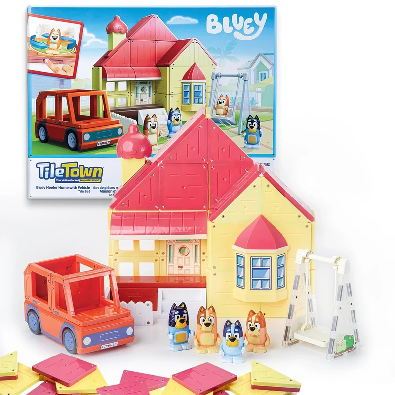 TILE TOWN Bluey Heeler Home and 4WD Vehicle Magnetic Tiles Construction Building Playset + Family Figures, Kids 3-5+, New ACTION TILES for Action Play, Realistic Builds, STEM Creative Toy