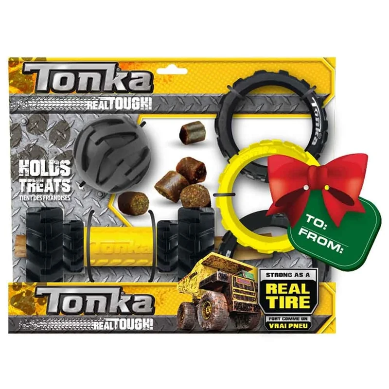 Tonka THREE Dog Toys Gift Set - 3" Mega Tread, 7" Axis Profile with Feeder and 10.5" Rubber Flex Tread, 3-Ring Pull, Yellow/Black
