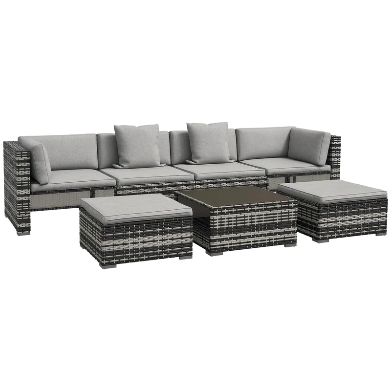 Outsunny 7 Pieces PE Rattan Garden Sofa Set Patio Furniture Set with Glass Table, Stools, Cushions, Pillows, for Outdoor Balcony, Mixed Grey