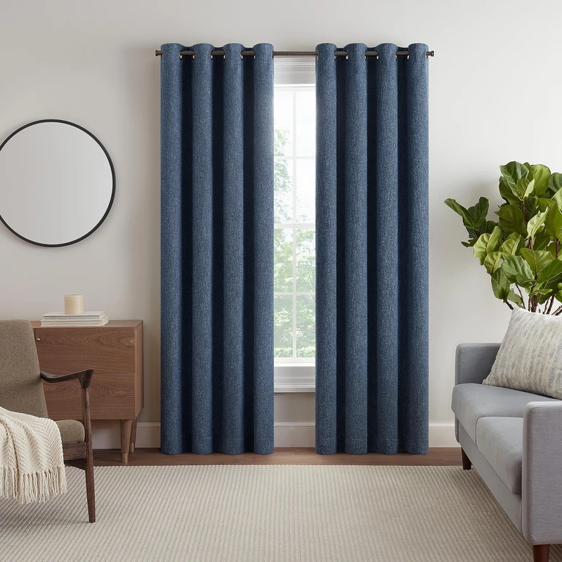 Eclipse Décor Quinn Textured Solid 100% Blackout Curtain, Absolute Zero Curtain for Privacy, Perfect as Living Room Curtains or Bedroom Curtains, 84 in Long x 50 in Wide, Navy