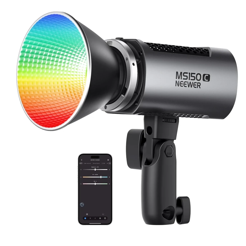 NEEWER MS150C RGBWW LED Video Light with 2.4G/APP Control, 150W Metal Mini RGB COB Continuous Output Lighting Bowens Mount Handheld Spotlight 2700K-6500K, 18000lux/1m, CRI97+/TLCI98+,17 Effects, RGBCW