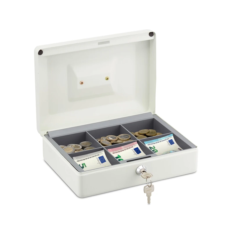 Relaxdays Cash Box Lockable, 6 Notes and Coins Compartments, 2 Keys, Iron, Steel & Plastic, HWD: 9 x 25 x 18 cm, White