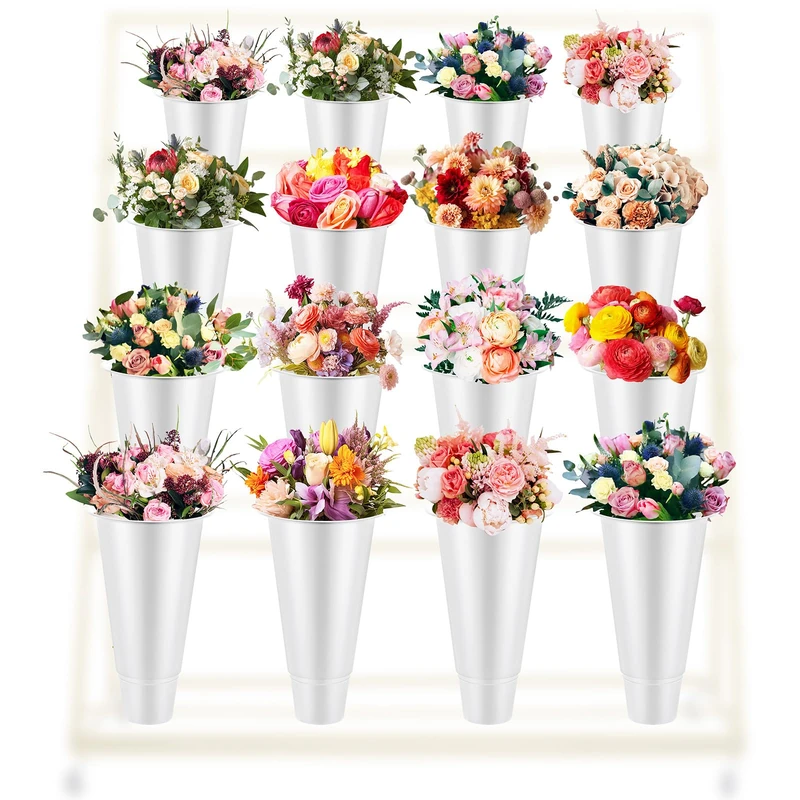 Sunnychicc 16 Pcs Plastic Flower Buckets - 14.5 Inch H, 8.7 Inch W, Wake Up Flower Display, Tall Vase, Indoor/Outdoor, White