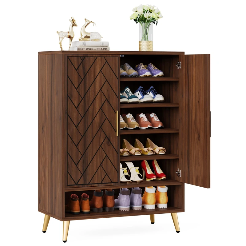 LITTLE TREE 6-Layer Shoe Cabinet, Double Wooden Door Freestanding Shoe Rack, Entrance Storage Cabinet with Adjustable Shelves for Living Room, Bedroom, Dark Brown