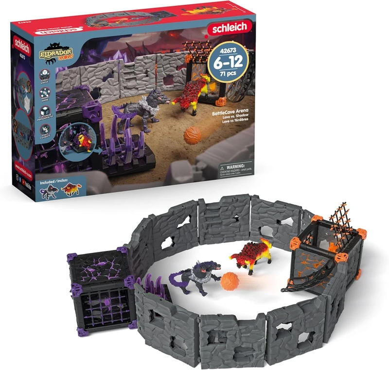 SCHLEICH Eldrador Creatures - 71 PC BattleCave Arena Lava Vs. Shadow Playset - Interactive Lava Bull and Shadow Hound Set - Animal Monster Figurines for Boys and Girls - Toys for Kids Ages 7+ | 42673