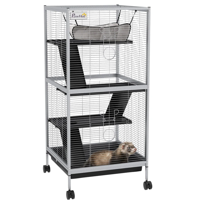 PawHut Rolling Small Animal Cage for Chinchillas Ferrets Kittens W/Ramp Grey