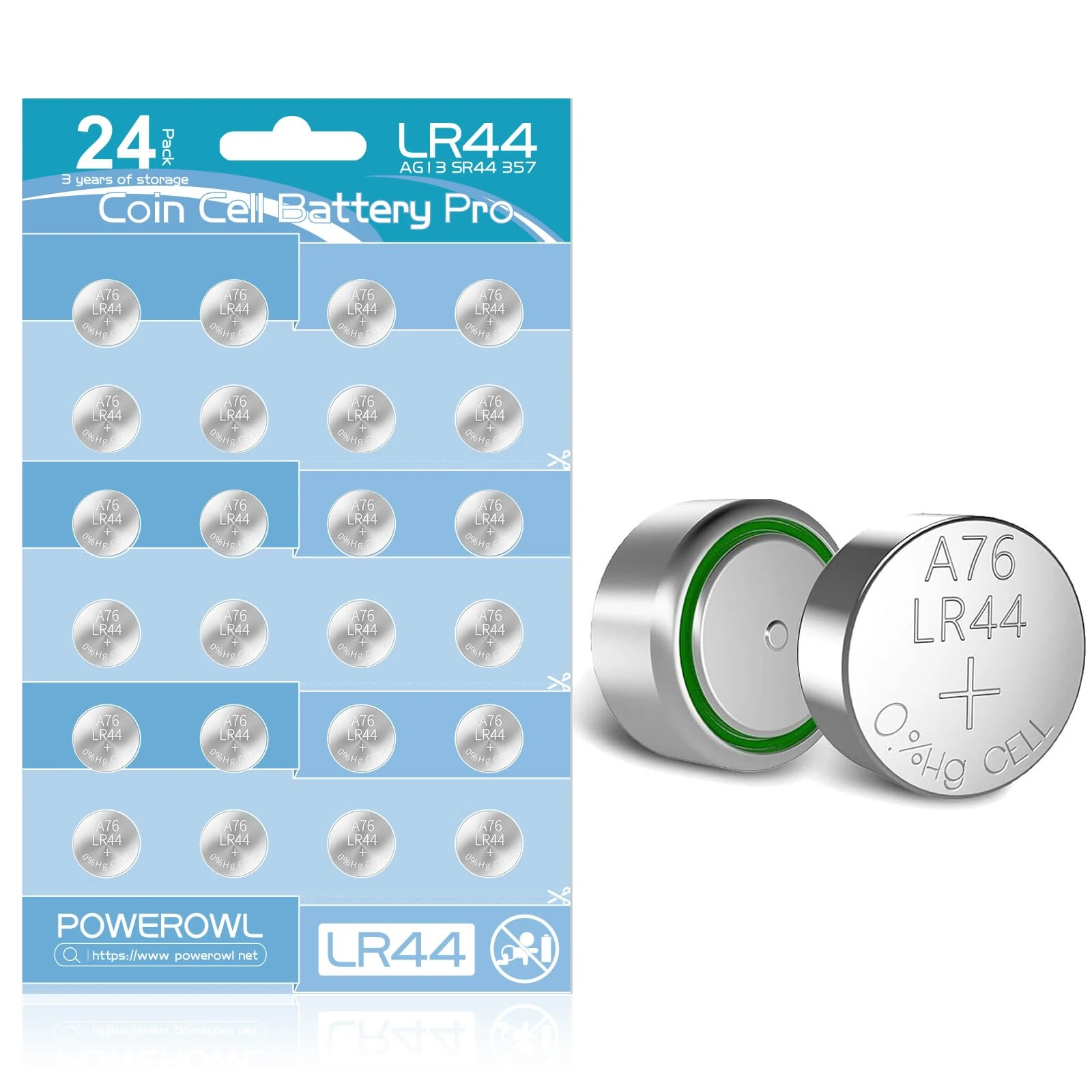 POWEROWL - LR44 Batteries (24 Pack) - High Capacity AG13 357 303 SR44 A76 Battery 1.5V Button Coin Cell Battery