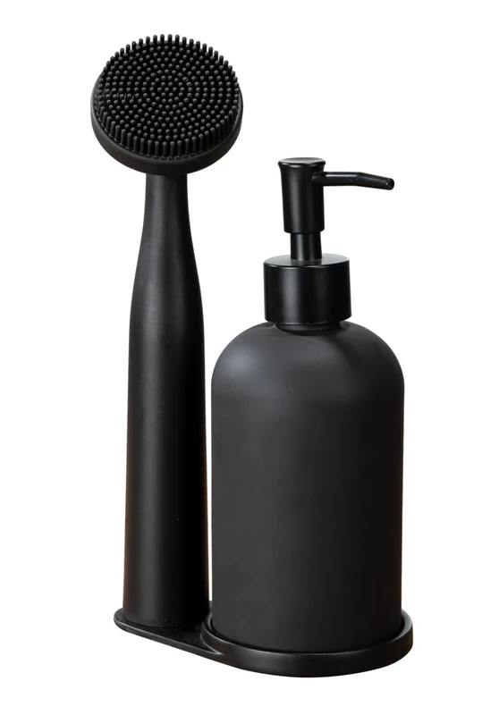 WENKO Piedo Washing Up Set, 3-Piece Washing Up Set with Washing Up Liquid Dispenser 400 ml, Made of Glass, Refillable, Washing Up Brush and Holder Made of Polyresin, Dimensions (W x H x D): 12.5 x 9 x