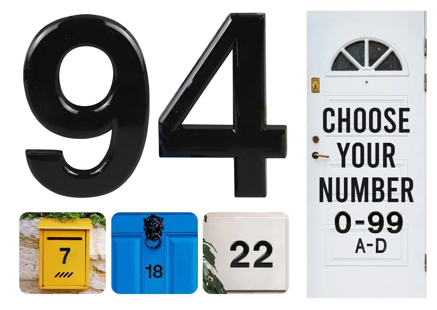 Black Door Numbers Stick On, 0-99, Letters A, B, C, D, 3'' House Numbers Self Adhesive Stickers, For Doors, Mail Boxes, Hotel Rooms (94)
