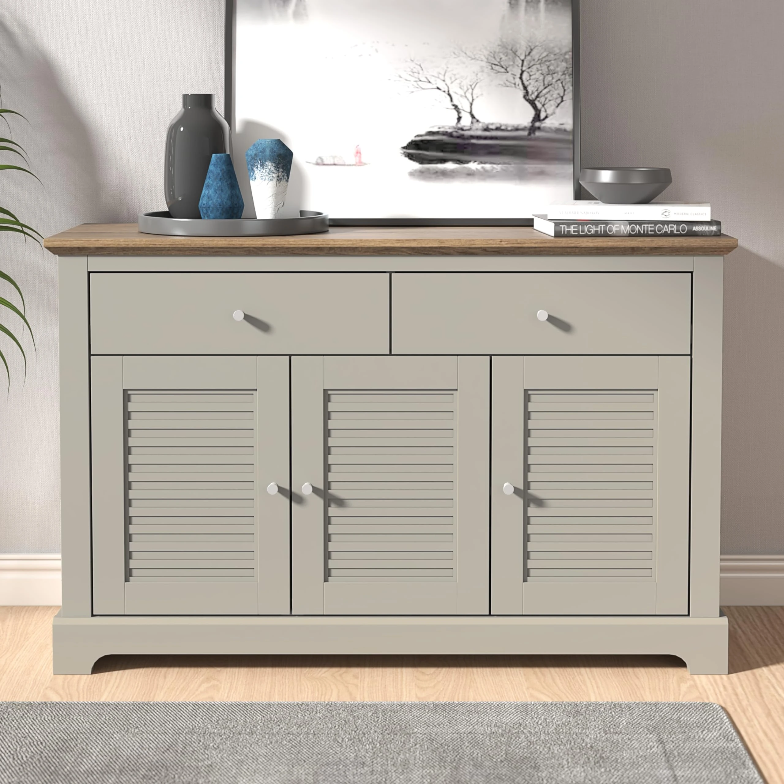 GFW Salcombe 3 Door Large Sideboard - Sideboard Storage Cabinet with 3 Doors & 2 Drawers. Contemporary Sideboards for Living Room & Hallway (Light Grey, H74.7 x W116.1 x D39.8cm)
